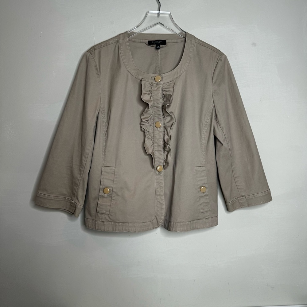 Talbots Jacket Khaki /Tan Button Up Ruffled Front - Picture 1 of 7